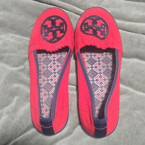 Tory Burch Red Canvas Logo Ballet Flats with Navy Trim